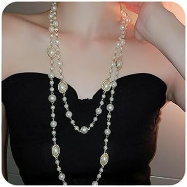 Octwine Boho Round Pearl Rhinestones Layered Choker Necklace Multi Strands Vintage Choker 1920s Bridal Wedding Crystal Rhinestones Shining Clothing Sweater Chain Necklace for Women