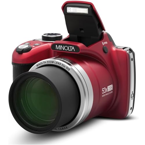 Minolta Pro Shot 16MP HD Digital Camera – 53x Optical Zoom, 1080p Full HD Video, Optical Stabilization, 3-inch LCD, Panorama, HDR, Face Detection, Smart Modes, 16GB Card (Red)