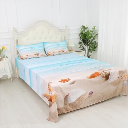 Coastal Blue Queen Bed Sheets Set for Women Girls - Fitted Sheet, Flat Sheet, 2 Pillowcases - Nature Hawaiian Beach Starfish Theme