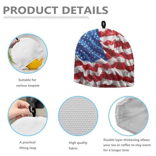 Image of Patriotic American Flag Tea Cozy Teapot Cosy Insulated Tea Kettle Quilt Breakfast Warmer Kettle Pot Dust Cover for Teapot for July 4th Independence Day Decor