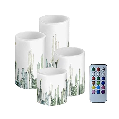 Image of Green Cactus Flameless Candles Battery Powered with Multicolor Timer Remote Control Everlasting Fake Candles for Party Garden Indoor Outdoor Decor