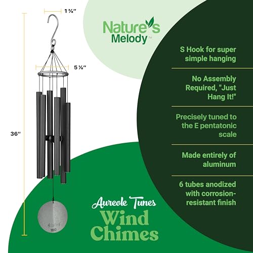 Natureās Melody Aureole Tunes Wind Chimes ā Outdoor Windchime with 6 Tubes Tuned to E Pentatonic Scale, 100% Rustproof Aluminum, Powder Finish & S Hook Hanger for Sympathy, Memorial Gift or Zen Garden