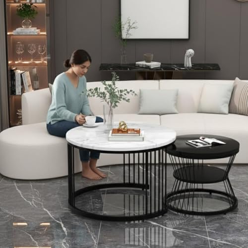 Image of The Round Coffee Table and The Stacking Tea Table with a Gold Metal Frame are Two Versatile Modern Center Tables That Look Great in Living Rooms (Black White 2)