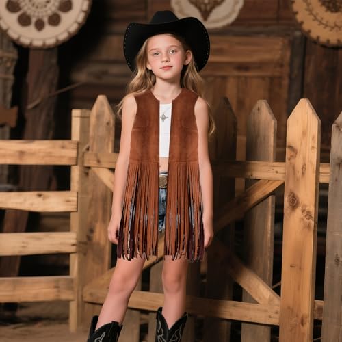 choyaxo Western Fringe Vest Faux Suede Sleeveless Cowgirl Tassel Vest for Halloween Hippie Party3