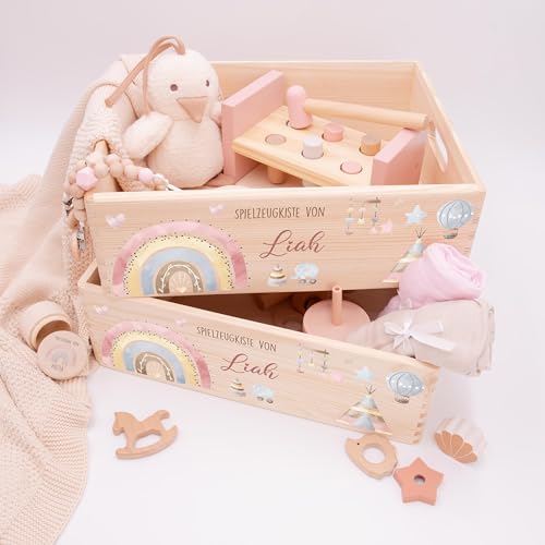 Kidsmood - Spielzeugkiste aus Holz mit Wunschnamen | Aufbewahrungsbox Kinder Spielzeug & Bücher | Praktische Holzkiste als Deko Kinderzimmer oder als Personalisierte Geschenke Baby zur Geburt & Taufe