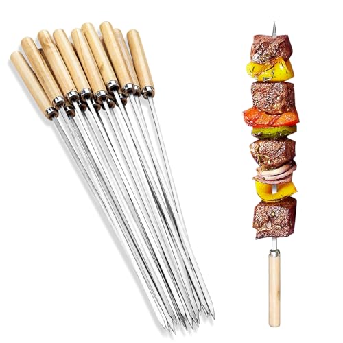 SooGree Kabob Skewers BBQ Barbecue Skewers Stainless Steel Skewers with Nonslip Wooden Handle Flat Skewer for Grilling Reusable Chicken Vegetables 13.7 Inch Set of 30