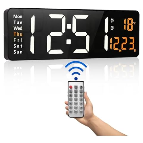 PiKaPiKaP Digital Wall Clock, 16" Large Digital Clock with Time Date Temp Week, Timer, 12/24Hr, Auto-Dimming, Remote Control for Living Room/Classroom/Gym/Church/Store/Garage (Orange) Cover