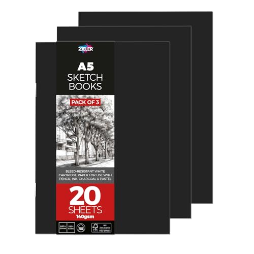 Zieler® - 3 cuadernos de dibujo A5 de tapa blanda de 140 g/m², 20 hojas, hojas blancas suaves para uso con lápiz, tinta, carbón y pastel