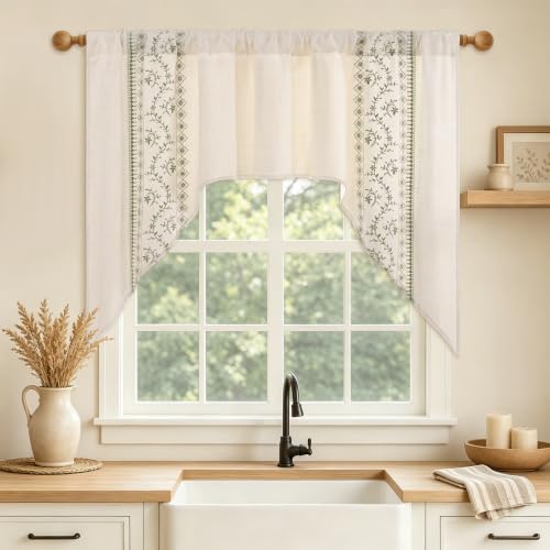 Image of Yinhua Boho Swag Curtains Sage Green Embroidered Floral Valances for Windows, Light Filtering Farmhouse Window Valances Rod Pocket Kitchen Curtains Valance for Living Room, Bathroom, 60 inch W x 36 inch L
