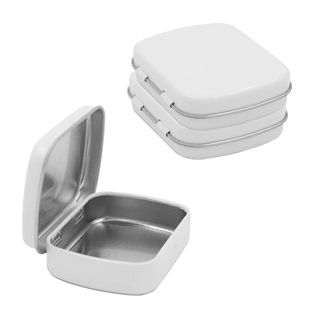 AKOAK 3 Pcs 2.4 x 1.7 x 0.6 Inches Rectangular Empty Hinged Tins Box Containers for First Aid Kit,Survival Kits,Storage,Herbs,Pills,Crafts and More (White)