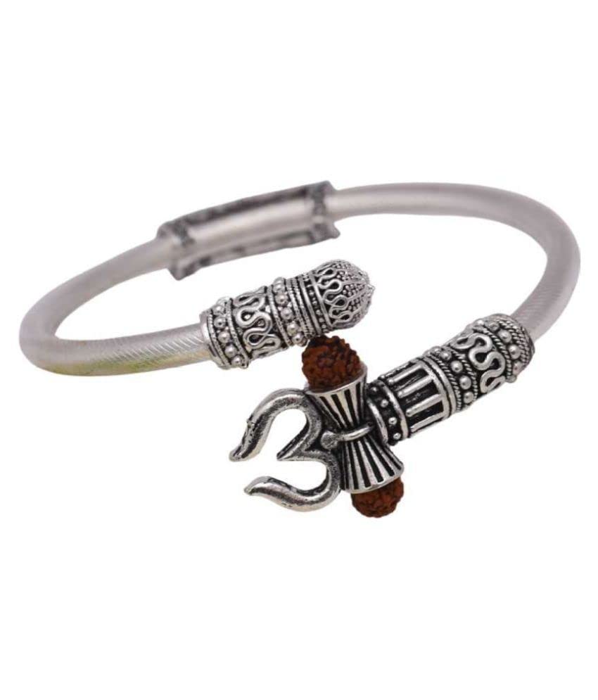 GenericOM Namah Shivay Trishul Damru Rudraksha Silver Wrist Kada Cuff Bracelet Spiritual One Sided For Men & Women