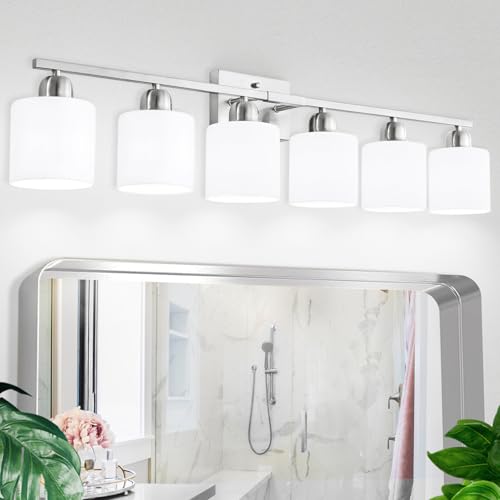 Brushed Nickel Vanity Light for Large Mirror, 6 Light Bathroom