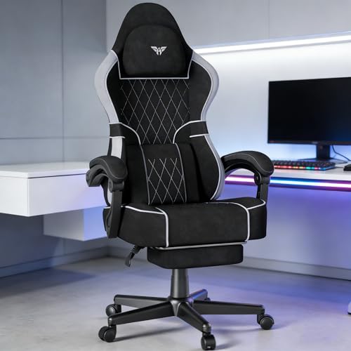 Soontrans Gaming Stuhl mit Massage Lendenwirbelstütze, Gepolstert Gaming Chair, Gaming Stuhl Ergonomisch mit Fußstütze, Samt, 90-160° Rückenlehne verstellbar Gaming Sessel, 360° Drehbar(Schwarz&grau