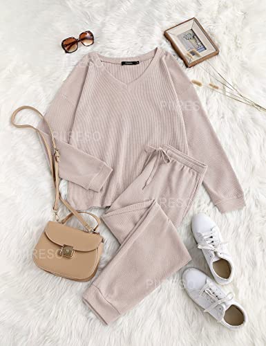 Piireso Women's V Neck Waffle Knit 2 Piece Outfits Long Sleeve Top And Pants Loungewear Jogger Sets Pockets,Apricot,Medium #TOP5