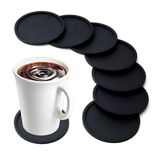 MarhJean Silicone Drink Coasters Anti-Slip Durable Reusable Coasters for Glasses Cups Mugs, Perfect to Protect Patio Furniture, Dinner Table or Bar, No More Water Rings and Wet Sticky Tables (Black)