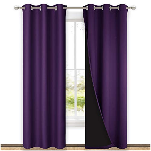 NICETOWN Cold Blocking 100% Blackout Curtains with Black Liner Backing, Thermal Insulated Curtains for Living Room, Noise Reducing Drapes, Royal Purpl