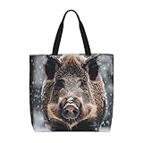 LHDGBNV Wild Boar Tote Bag With Zipper Inner Pocket,Portable Shopping Handbags Reusable Waterproof Beach Grocery Bag For Women Men Shopping Travel Work