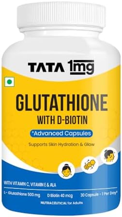 TATA 1MG Glutathione Advanced Capsule with Vitamin C E Biotin Grape Seed Extract For Skin Glow Hydration Radiance Pack of 30 Tablets
