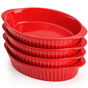 Foraineam 4 Pcs 15 oz Porcelain Oval Baking Dish Set, 8.7 x 5.3 x 1.7 inch Oven Safe Au Gratin Pans Small Table Serving Dishes, Lasagna Pan Crème Brulee Bakeware Set with Double Handles