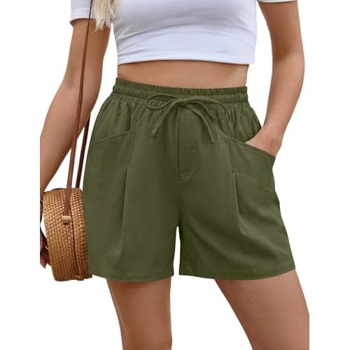 AKEWEI Linen Shorts Women Casual Wide Leg High Waisted Summer Outfits Comfy Elastic Waist Beach Shorts with Pockets Army Green Small