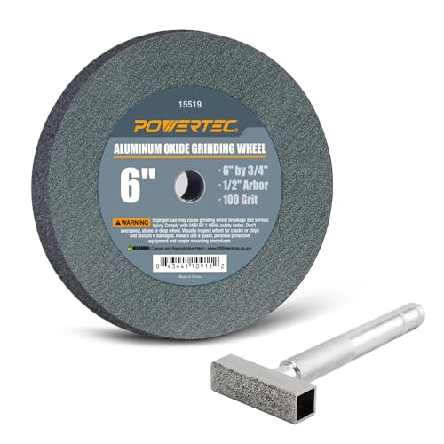 Image of POWERTEC Bench Grinder Wheel + Diamond Wheel Dresser 6 Inch 100 Grit, Aluminum Oxide Grinding Wheel for Bench Pedestal Grinder, 3 /4 inch Thick 1 /2 inch Arbor, Sharpening & Shaping Blade, Chisel & Drill Bits