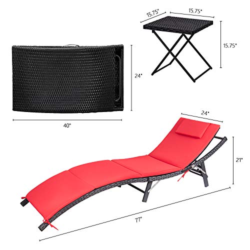 Devoko Patio Chaise Lounge Sets Outdoor Rattan Adjustable Back 3 Pieces Cushioned Patio Folding Chaise Lounge With Folding Table (Red) #TOP7