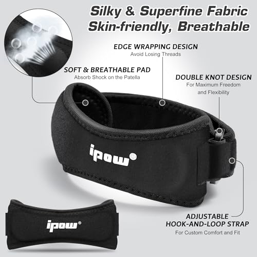 IPOW 2 Pack Knee Pain Relief & Patella Stabilizer Knee Strap Brace Support for Hiking, Soccer, Basketball, Running, Jumpers Knee, Tennis, Tendonitis, Volleyball & Squats, Black