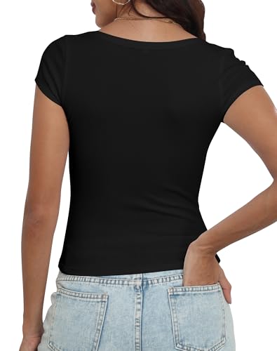 Artfish Women's Short Sleeve T-Shirts Low Scoop Neck Slim Fitted Ribbed Knit Casual Longer Crop Top