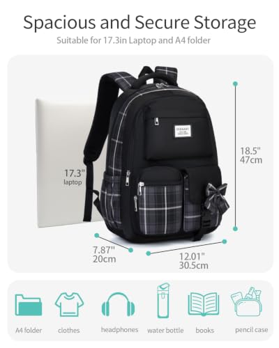 Image of Large Black Backpack for Girls, Cute Teenage Bookbag for Women Middle School Highschool College Student Mochila Universitaria para Mujer