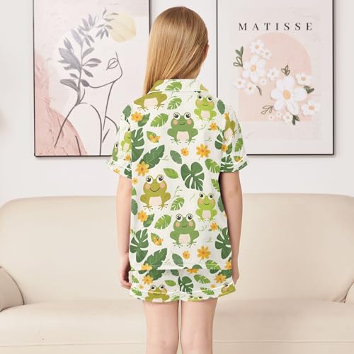 ALAZA Frog Blossom Floral Palm Leaves Pajamas Satin Pajama Set Short Sleeve Button Down Sleepwear4