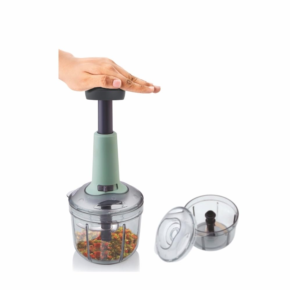 Image of Indigo Manual Food Chopper with Push Handle, 650ml Transparent Container, Sage Green, with 2 Blades