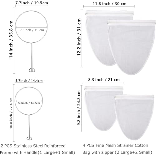 Image of WMKGG Ultra Fine Mesh Strainer Bags, Reusable Mesh Filter Bags with Stainless Steel Handle Frame for Filter NutMilk, Coffee, Milk, Butter, Juices and Fresh Cheese (Large + Small)