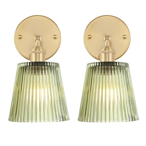 Image of Shenmoyl Vintage Wall Sconces Set of 2 with Green Stripe Glass Lampshade 180 Degree Adjustable Brass Sconces Hradwired Modern Wall Lighting Fixture with Switch for Bedside Bedroom Doorway