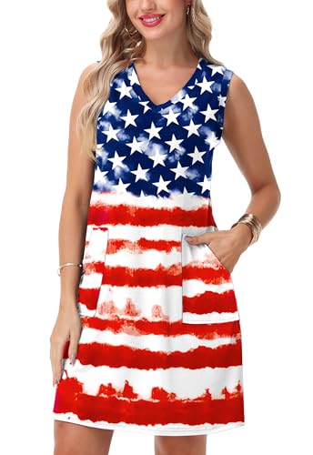 Image of Deerose Womens July 4th Sleeveless Dress American Flag Swim Cover Up Dress with Pockets