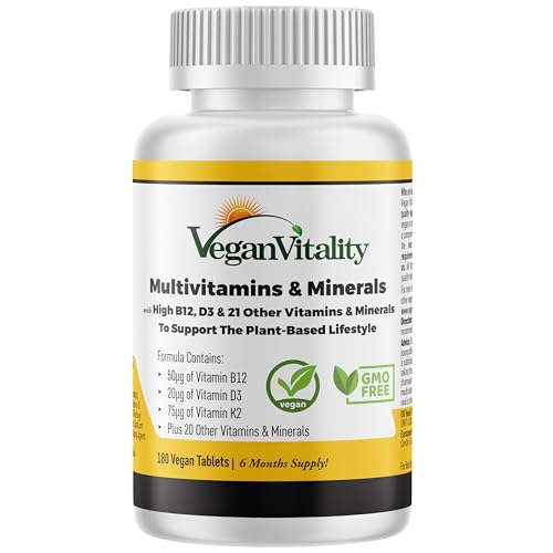 Vegan Multivitamins & Minerals for Women and Men with High Strength Vitamin B12, D3 & K2. 180 Multivitamin Tablets - 6 Months Supply. Vitamins for Vegans & Vegetarians