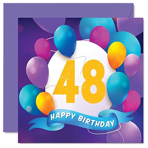 Tarjeta felicitación 48 cumpleaños hombres mujeres, fiesta en globo, tarjetas feliz cumpleaños hombre 48 años, mujer, hermano, hermana, mamá, papá, tía, tío, 145 mm x 145 mm, regalo cumpleaños