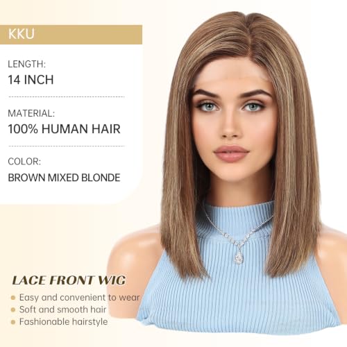 Image of KKU 100% Human Hair Lace Front Wig for Women- Pre-Plucked Natural Hairline, Side Part Brown Mixed Blonde Wig, 14 Inch, Soft & Natural Hair for Daily Use