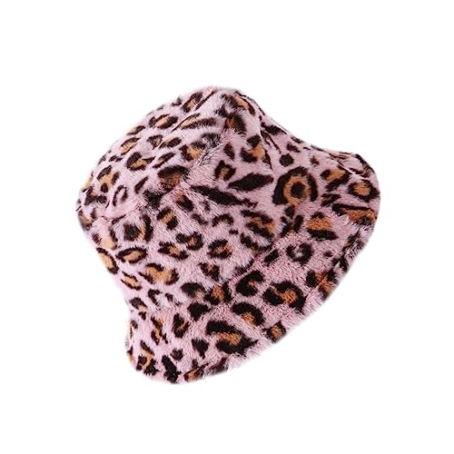 Beavorty Leopard Print Bucket Hat Plush Fuzzy Hat Beanie Fashionable Fisherman Cap for Outdoor Pink
