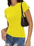Womens Slim Fitted T Shirts Basic Summer Tops Casual Tight Shirt Y2k Short Sleeve Tees(Bright Yellow,M)