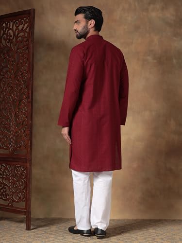 Image of Men's Solid Regular Fit Ethnic Wear White Kurta Pajama Set with Front Pocket