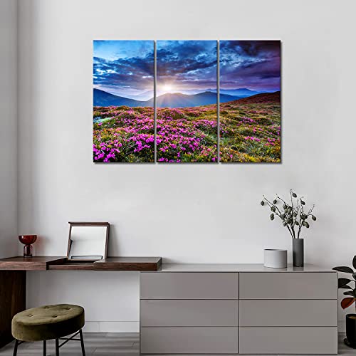 3 Panel Wall Art Blue Sunset Mountains Landscape Overcast Sky Storm Purple Flowers Carpathian Ukraine Painting The Flower Picture Print On Canvas Pictures For Home Decor Stretched By Wooden Frame #TOP2