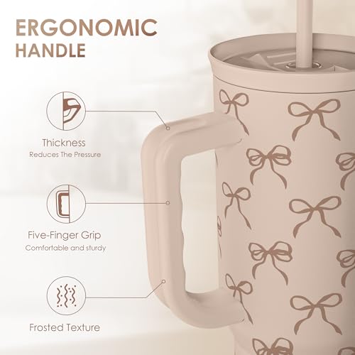 Image of SANDJEST Bow Tumbler with Handle and Straw 40oz - Stainless Sleel Slider Tumbler Travel Coffee Mug for Women - Gift Idea for Birthday Christmas