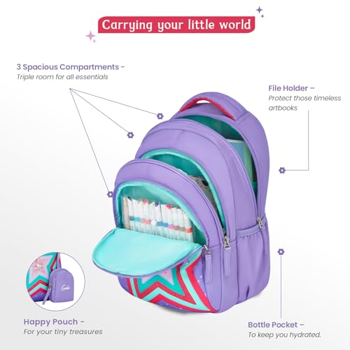 Image of Genie School Backpack for Girls |15 In-20 Ltr with Three Compartments,Side Pockets and Light Weight with Padded Shoulders |Best for Books,Stationery, Lunch Box & Essentials