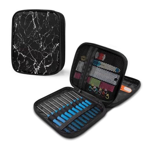 Image of Crochet Hook Case Black Marble Crochet Hook Holder Portable Crochet Hook Storage Bag with Web Pockets Suitable for Crochet Needles /Knitting Accessories