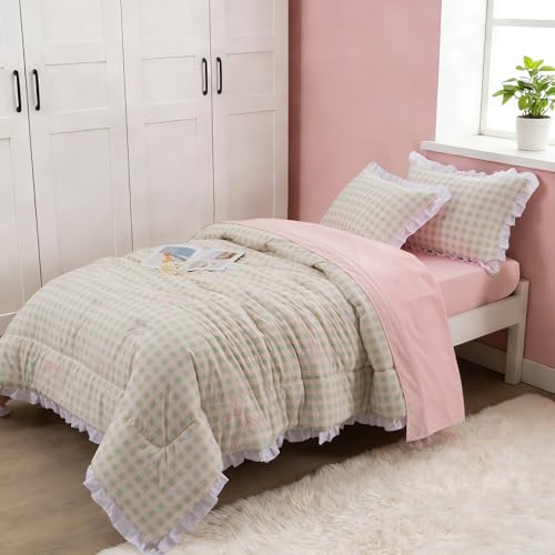 A Nice Night 5 Pieces Rustic Ruffle Comforter Sets,Twin,PinkGreen