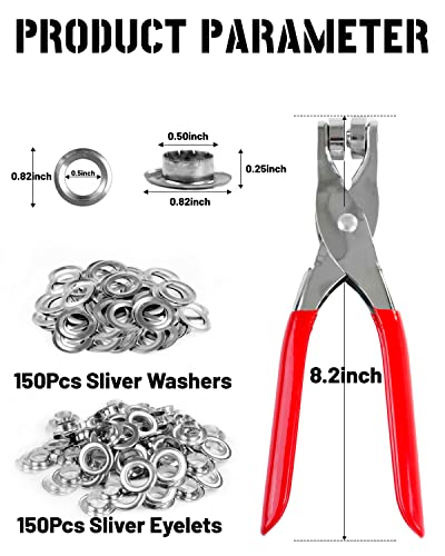 Image of 150Pcs 1 /2 Inch Grommet Tool Kit, Grommet Kit, Eyelet Kit with Leather Hole Punch Pliers, 150 Metal Eyelets and Grommets for Leather, Shoes, Fabric, Belt (Silver)