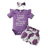 Bebé recién nacido niña ropa verano trajes manga corta papá mamá frase pelele flores pantalones cortos diadema, morado, 6-9 meses