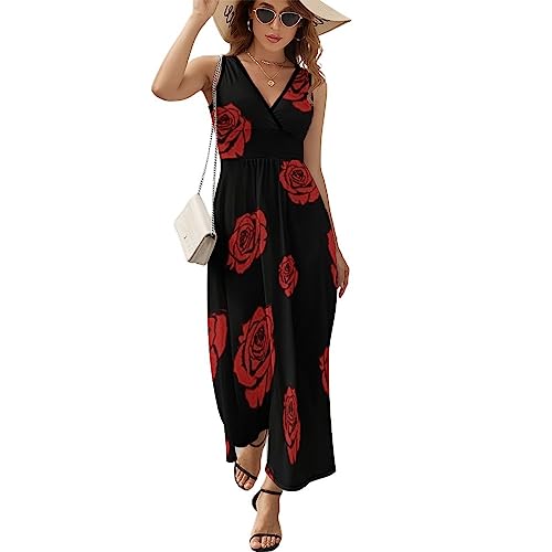 Image of Red Rose Sleeveless Maxi Dresses Summer Dress Long Beach Sundresses with V Neck for Women 2XL