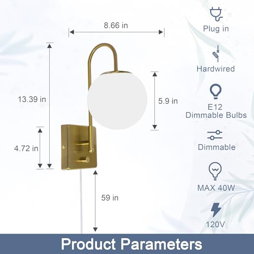Image of Plug in Wall Sconces Set of 2 Dimmable Glass Globe Wall Lights with Switch Brass Gold Wall Sconce with Hardwired or Corded E12 Bulb Compatible 3000K Warm White for Bedroom Living Room