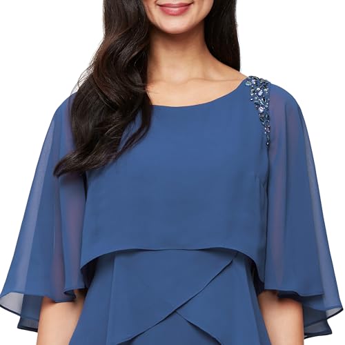 Image of S.L. Fashions Women's Tiered Chiffon Cocktail Party Dress with Attached Cape & Beaded Shoulders (Petite and Regular Sizes)